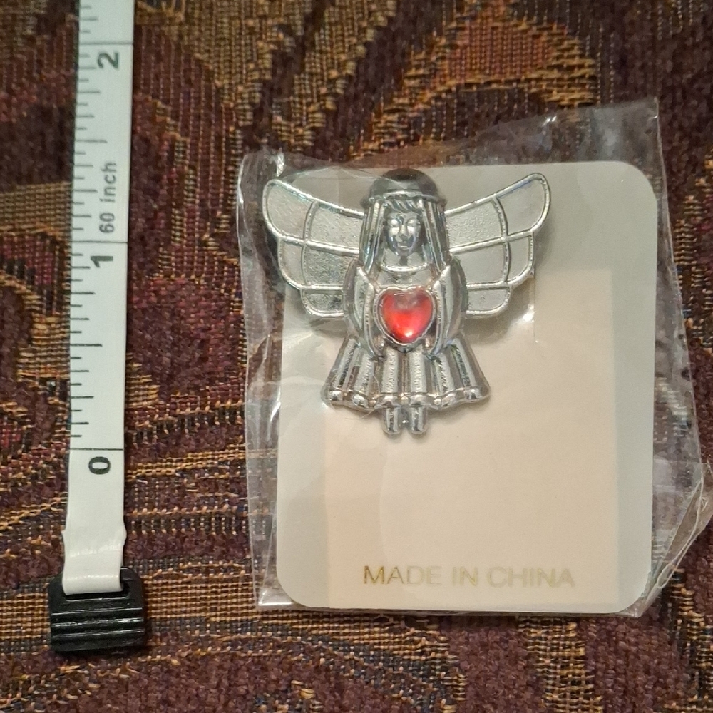 Silver Angel Brooch with Red Heart